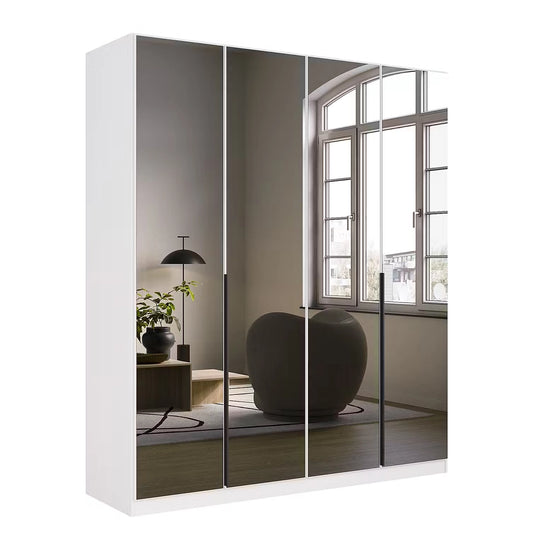 White wardrobe with grey mirror doors in a room with a window and decor elements.