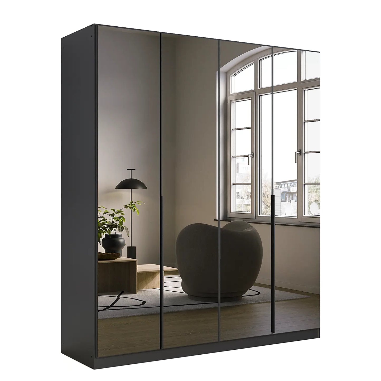 Vista Grey Mirror Front Hinged 4 Door Wardrobe with Long Metal Door Handles