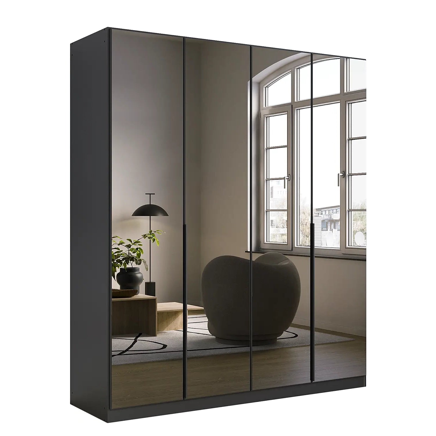 Vista Grey Mirror Front Hinged 4 Door Wardrobe with Long Metal Door Handles