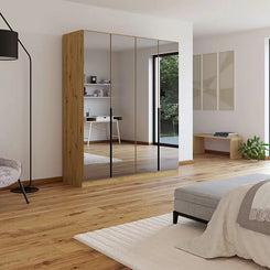Vista Grey Mirror Front Hinged 4 Door Wardrobe with Long Metal Door Handles carcase artisan oak
