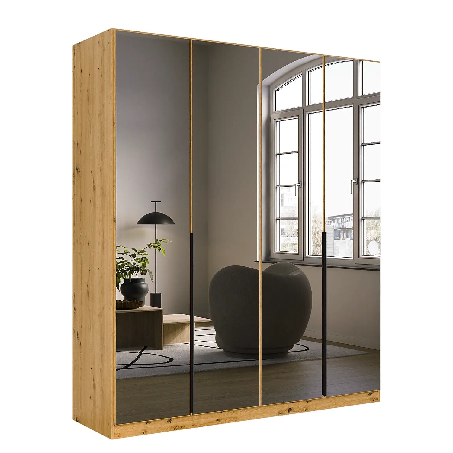 Wooden wardrobe with Mirror doors in a room with a window and decor elements.