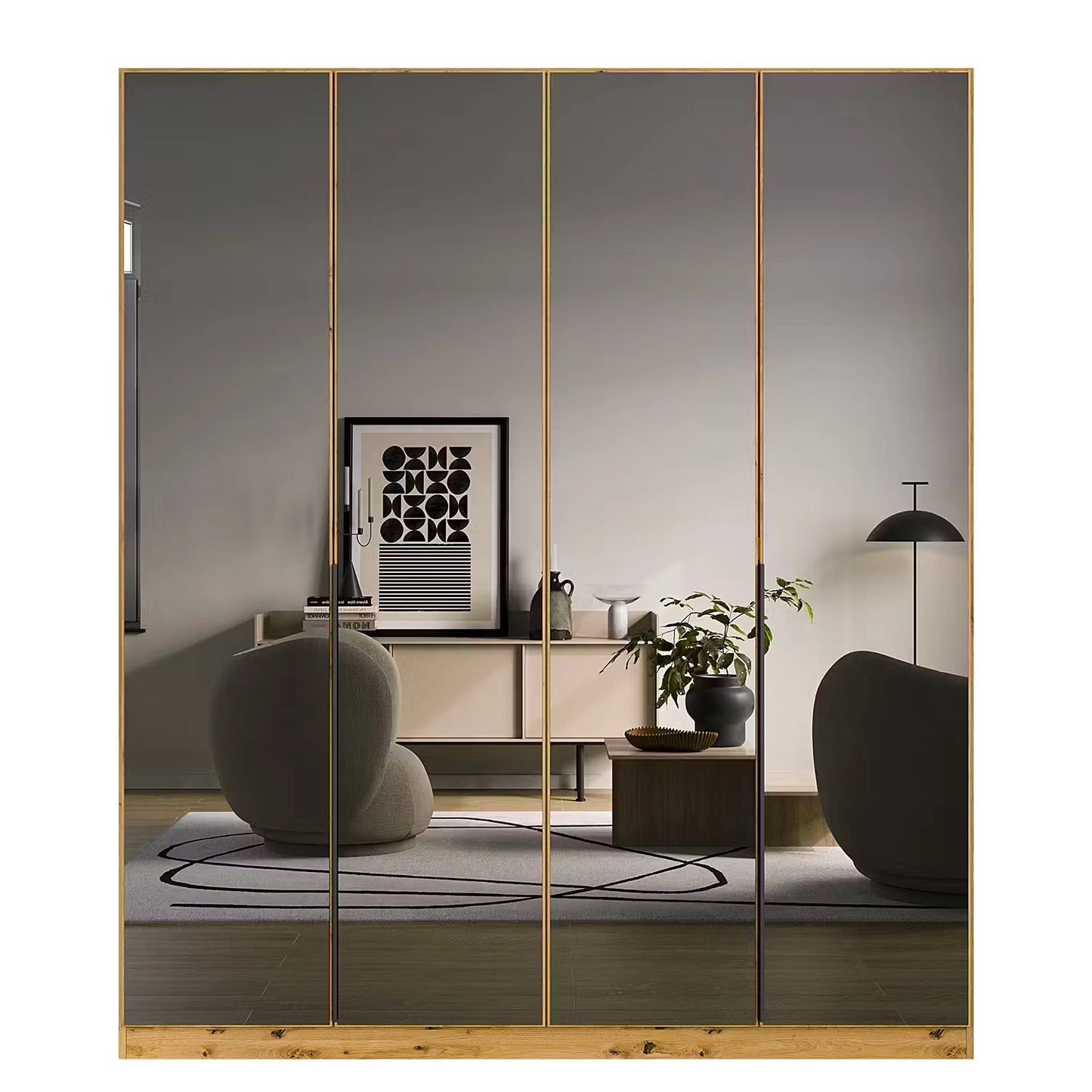 Vista Grey Mirror Front Hinged 4 Door Wardrobe with Long Metal Door Handles