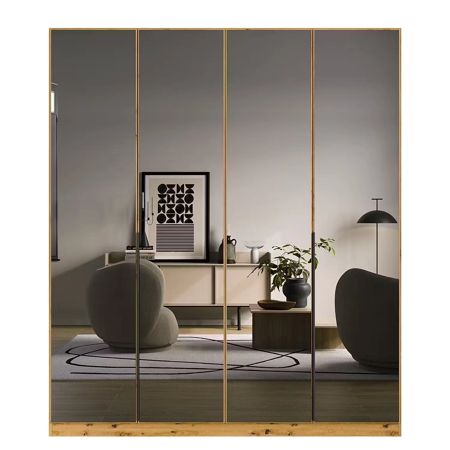 Vista Grey Mirror Front Hinged 4 Door Wardrobe with Long Metal Door Handles