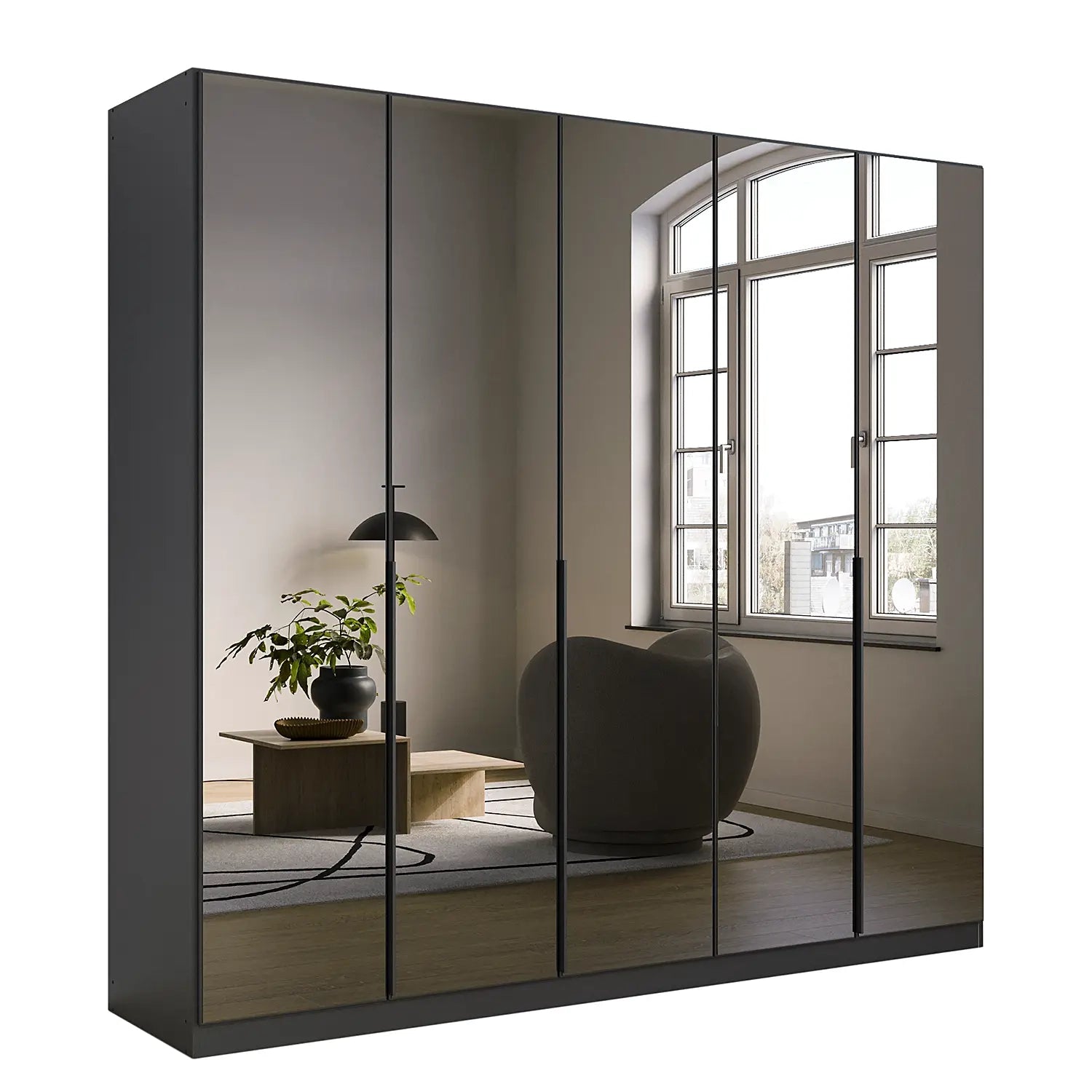 Modern wardrobe with grey mirror doors reflecting a room with a window and decor.