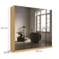 Wooden wardrobe with mirror doors showing dimensions and a room interior view.