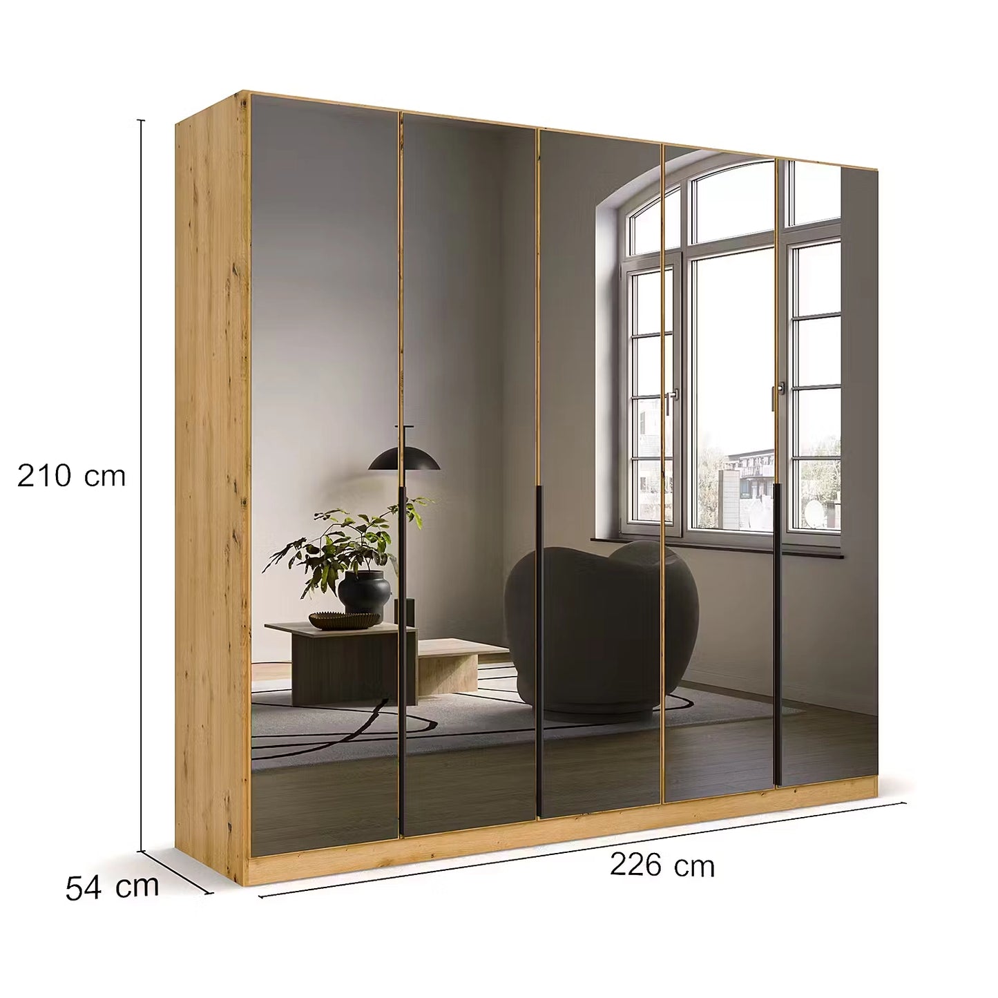 Wooden wardrobe with mirror doors showing dimensions and a room interior view.