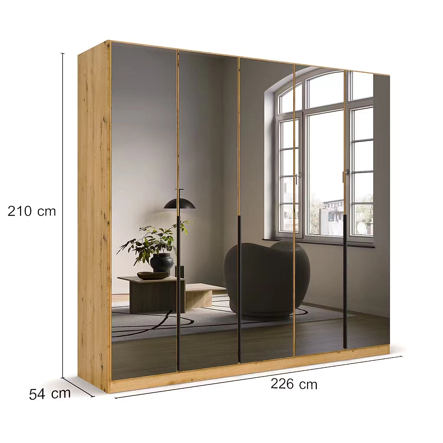 Wooden wardrobe with mirror doors showing dimensions and a room interior view.