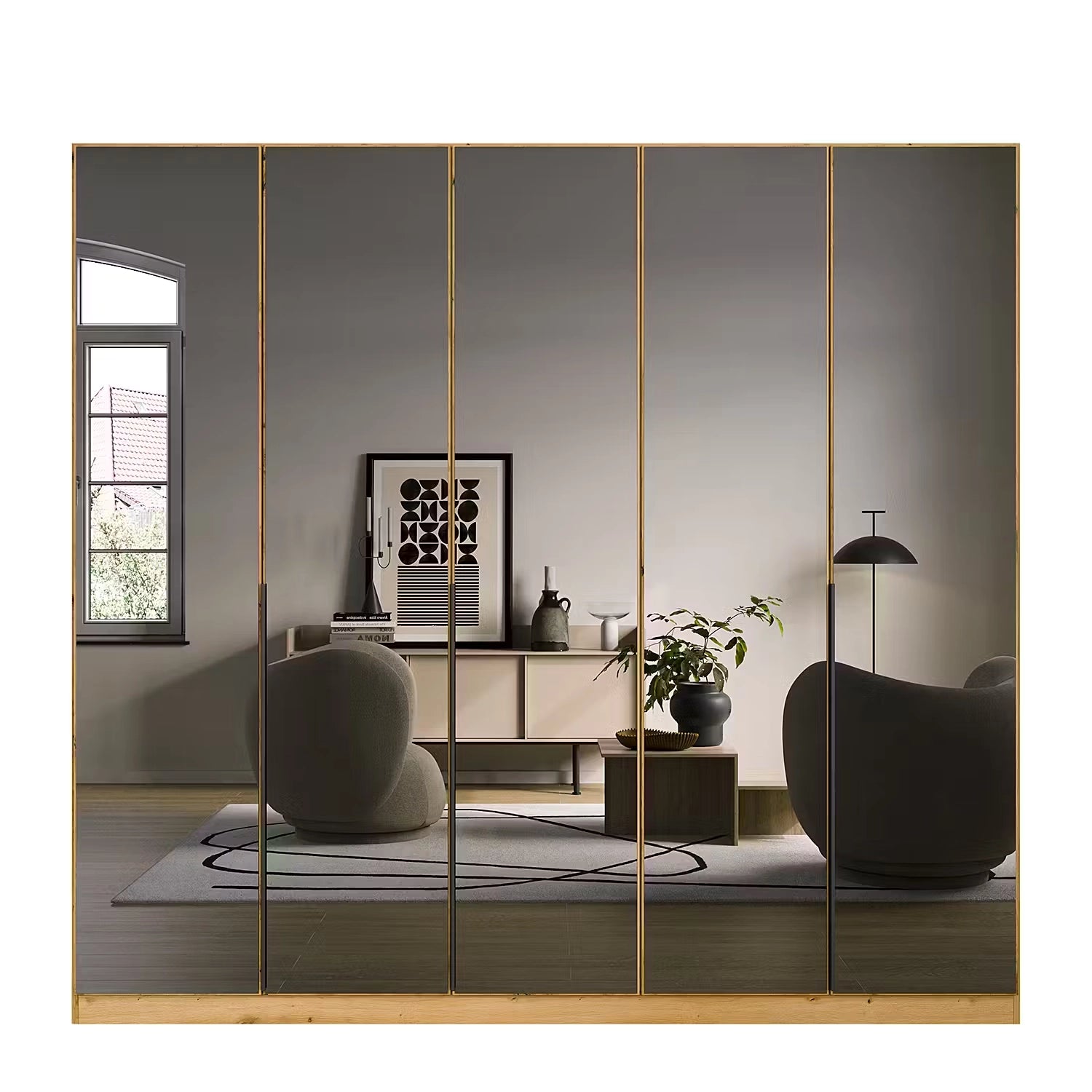 Vista Grey Glass Front Hinged 5 Door Wardrobe with Long Door handles