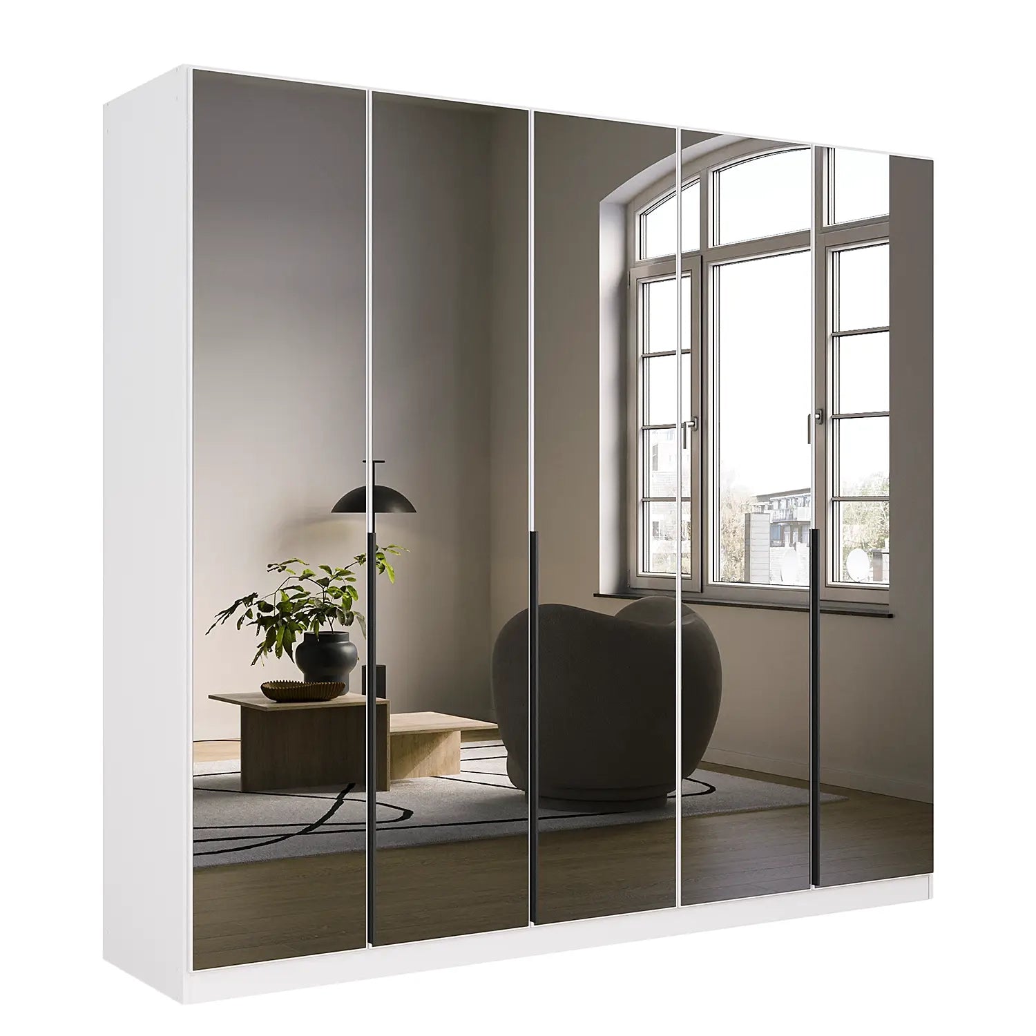 White wardrobe with Mirror doors reflecting a room interior.