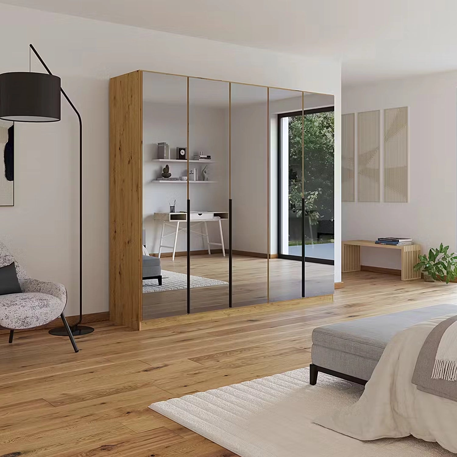Modern bedroom with wooden wardrobe and Full Mirror Front doors