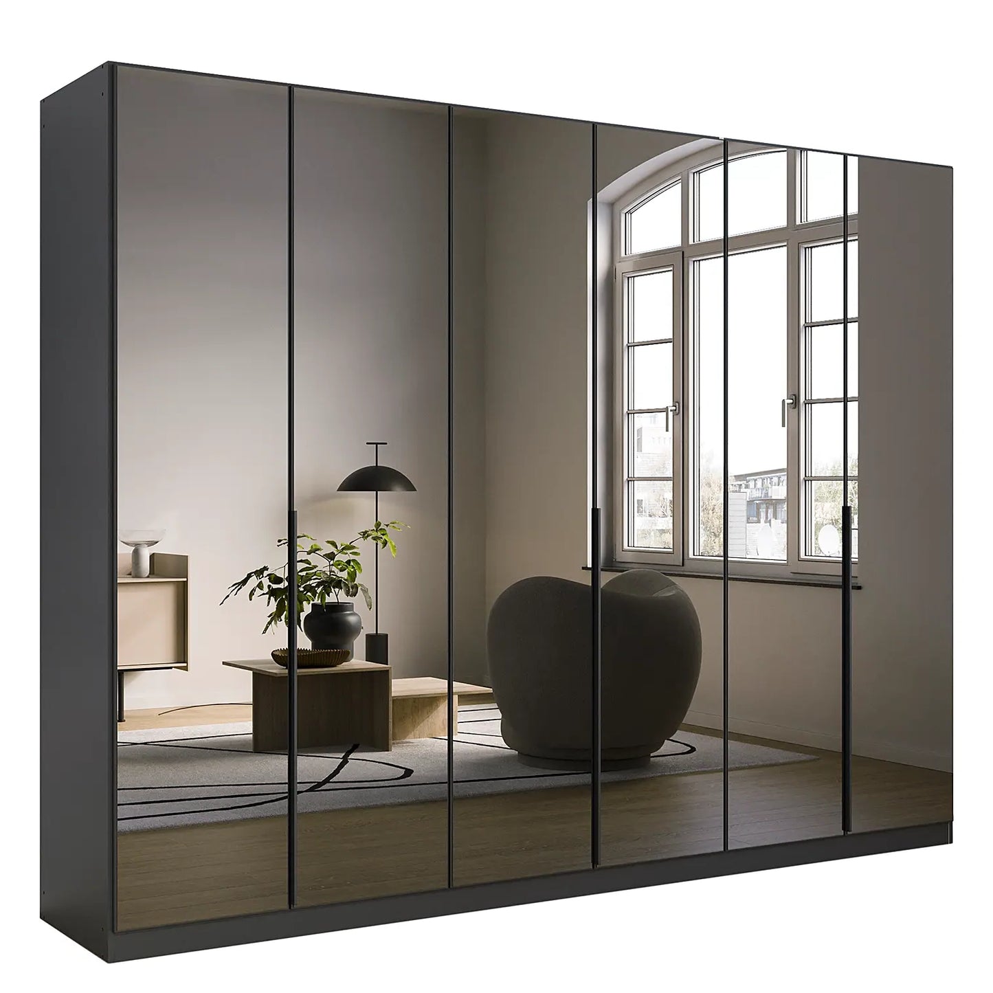 Vista Grey Glass Front Hinged 6 Door Wardrobe with Long Metal Door Handles and Graphite Carcase Colour
