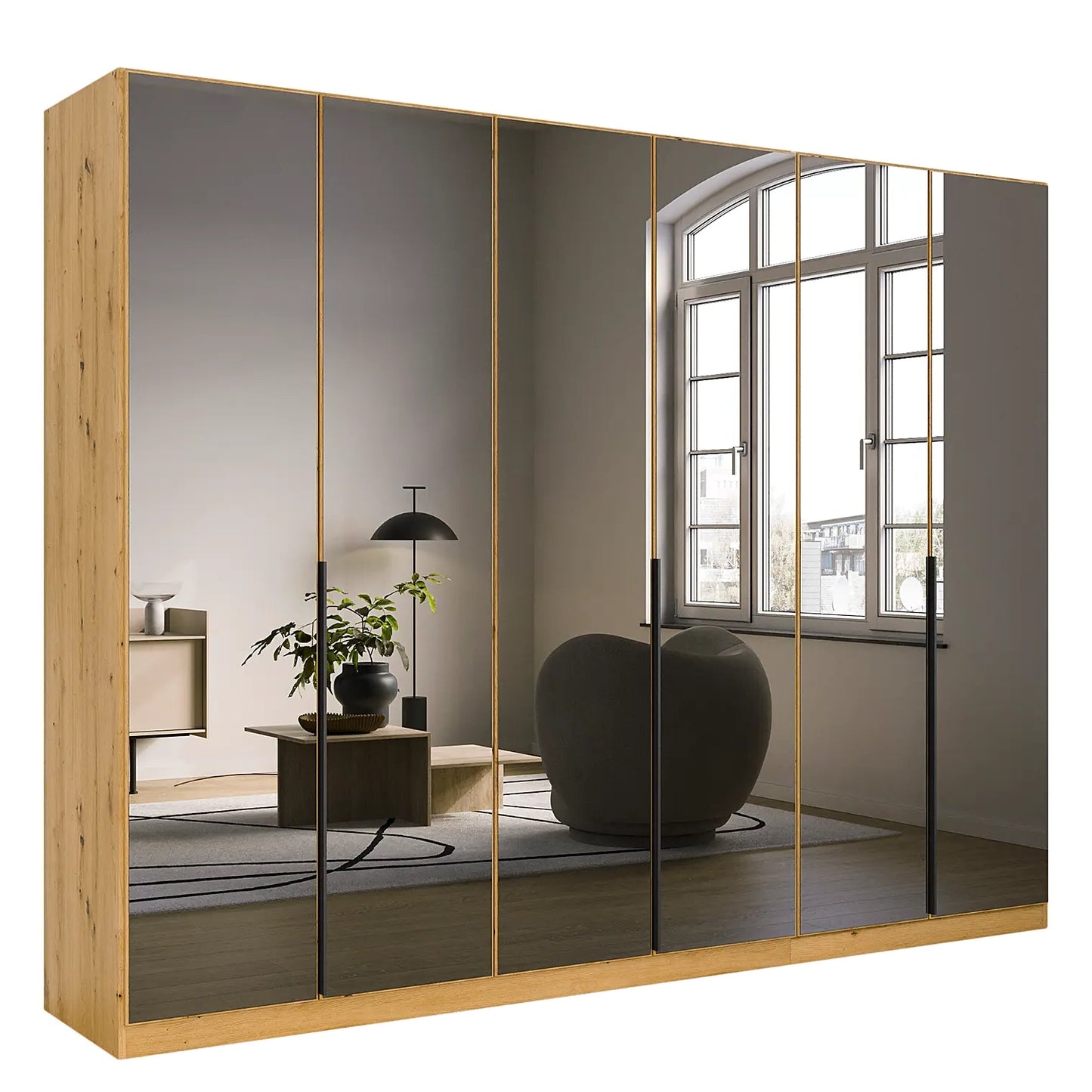 Vista Grey Glass Front Artisan Oak Carcase Hinged 6 Door Wardrobe with Long Metal Door Handles