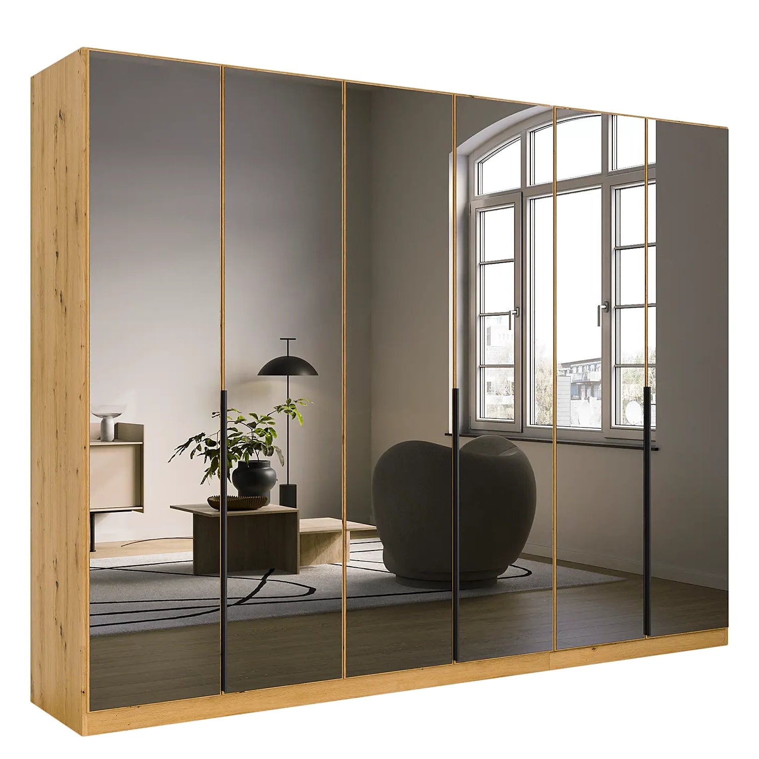 Vista Grey Glass Front Artisan Oak Carcase Hinged 6 Door Wardrobe with Long Metal Door Handles