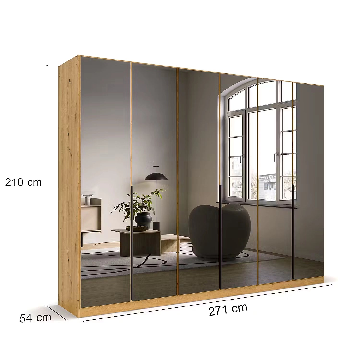 Vista Grey Glass Front Hinged 6 Door Wardrobe with Long Metal Door Handles - Dimensions