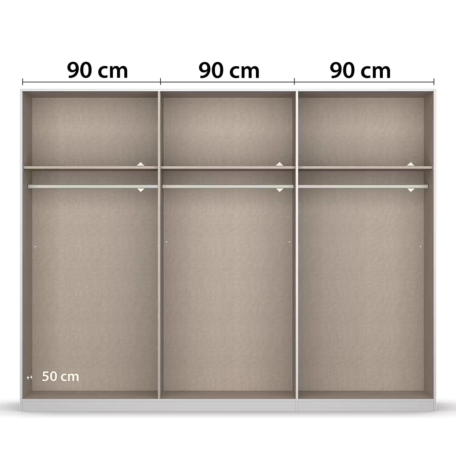 Rauch 271cm Wardrobe, internal compartment each 90 cm wide, on a white background.