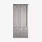 Gray wardrobe with two doors and three drawers on a white background