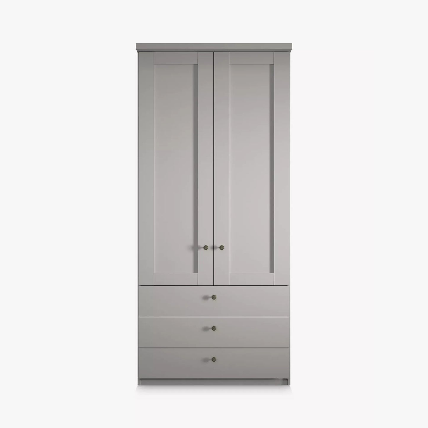 Gray wardrobe with two doors and three drawers on a white background