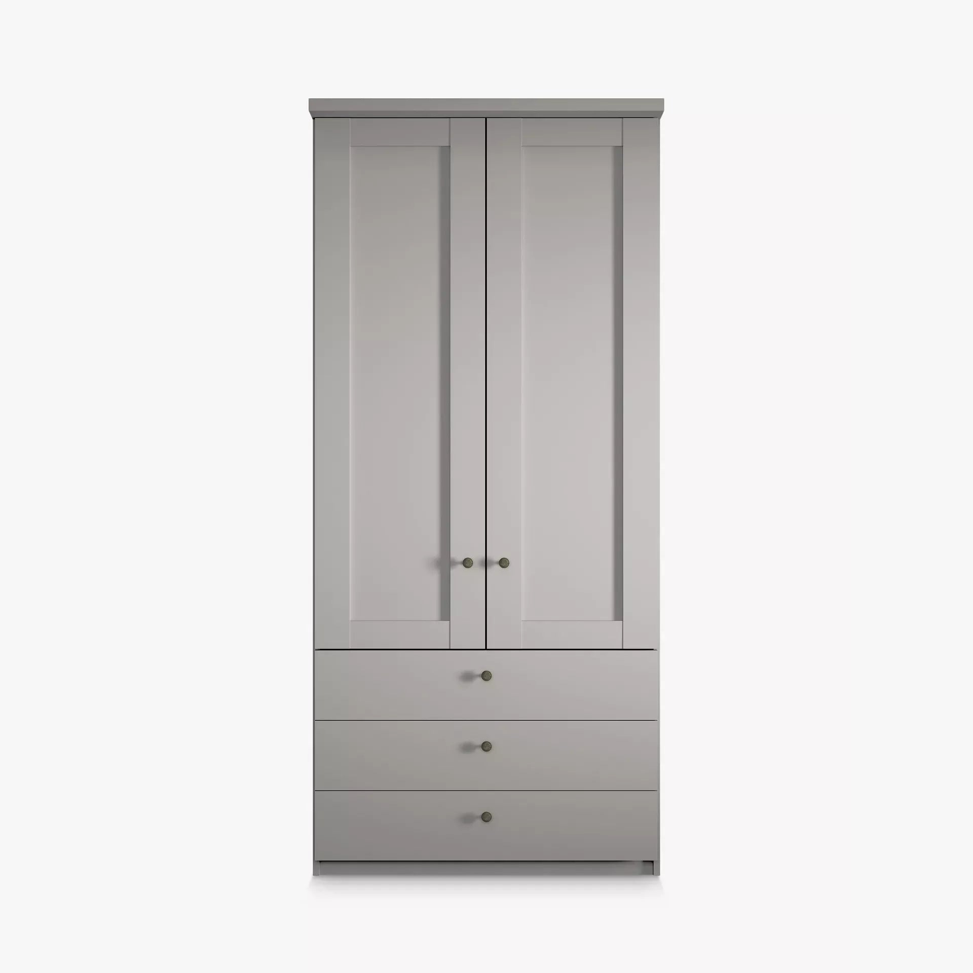 Gray wardrobe with two doors and three drawers on a white background