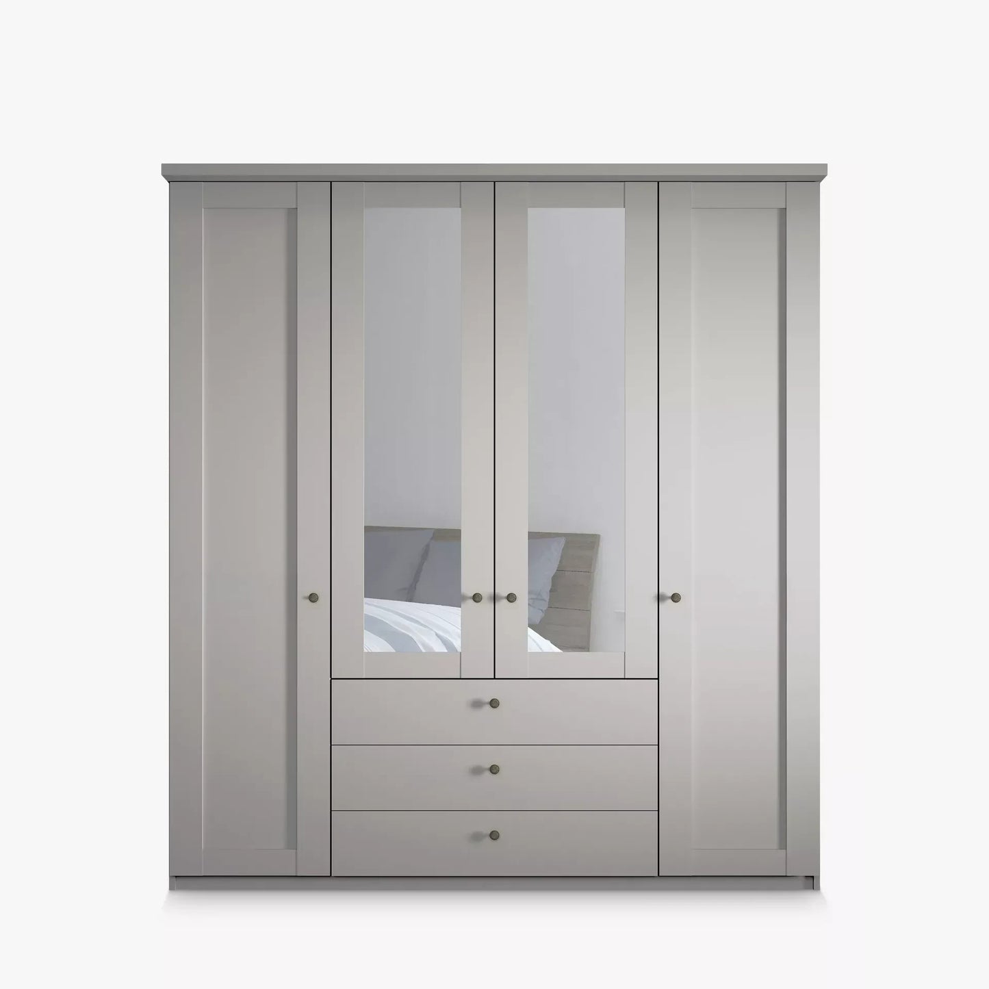 Wiemann Marlo Pebble Grey 4 Door Wardrobe with 3 Drawers, Mirror and cornice - Front View