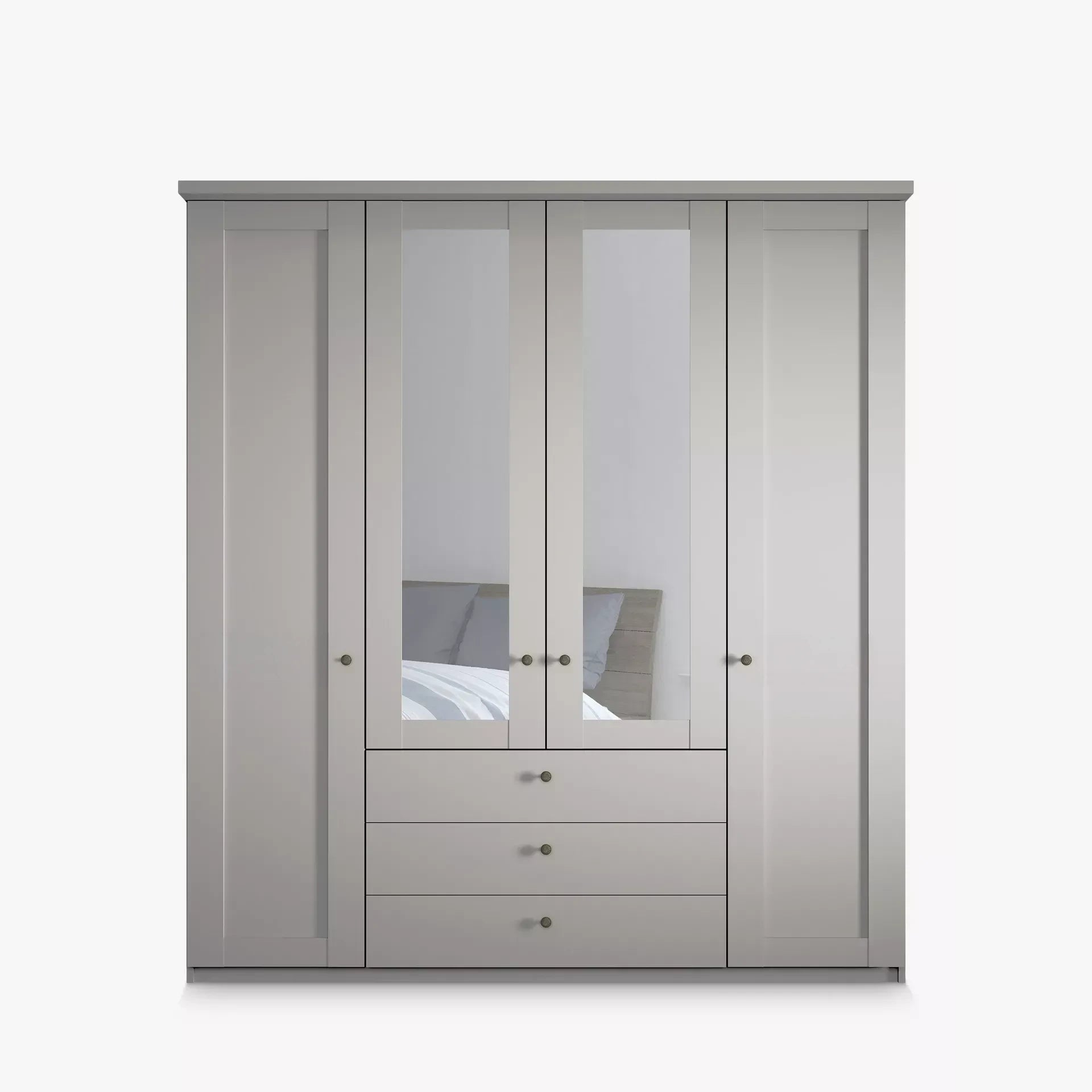 Wiemann Marlo Pebble Grey 4 Door Wardrobe with 3 Drawers, Mirror and cornice - Front View