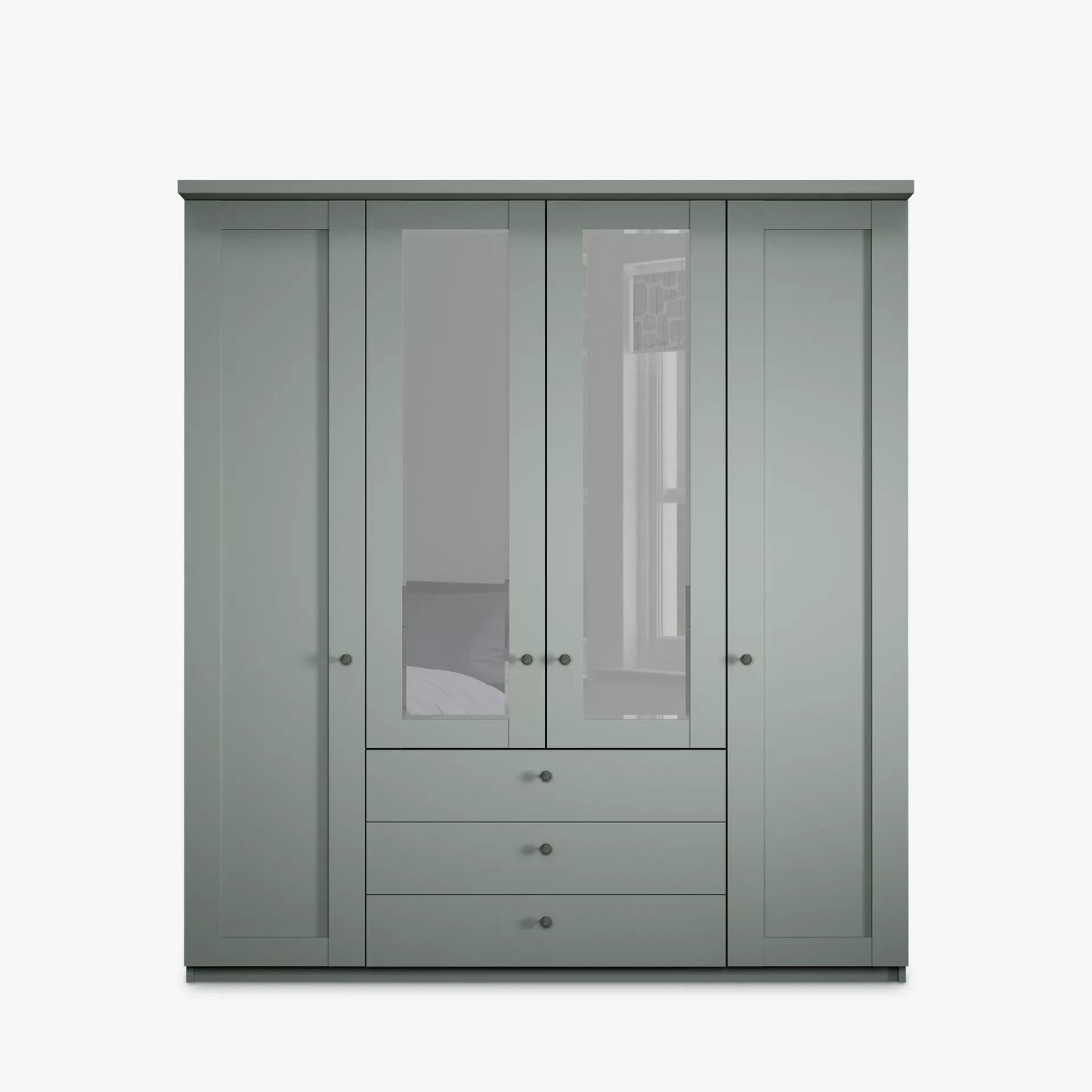 Wiemann Marlo Sage Green 4 Door Wardrobe with 3 Drawers, Mirror and cornice - Front View