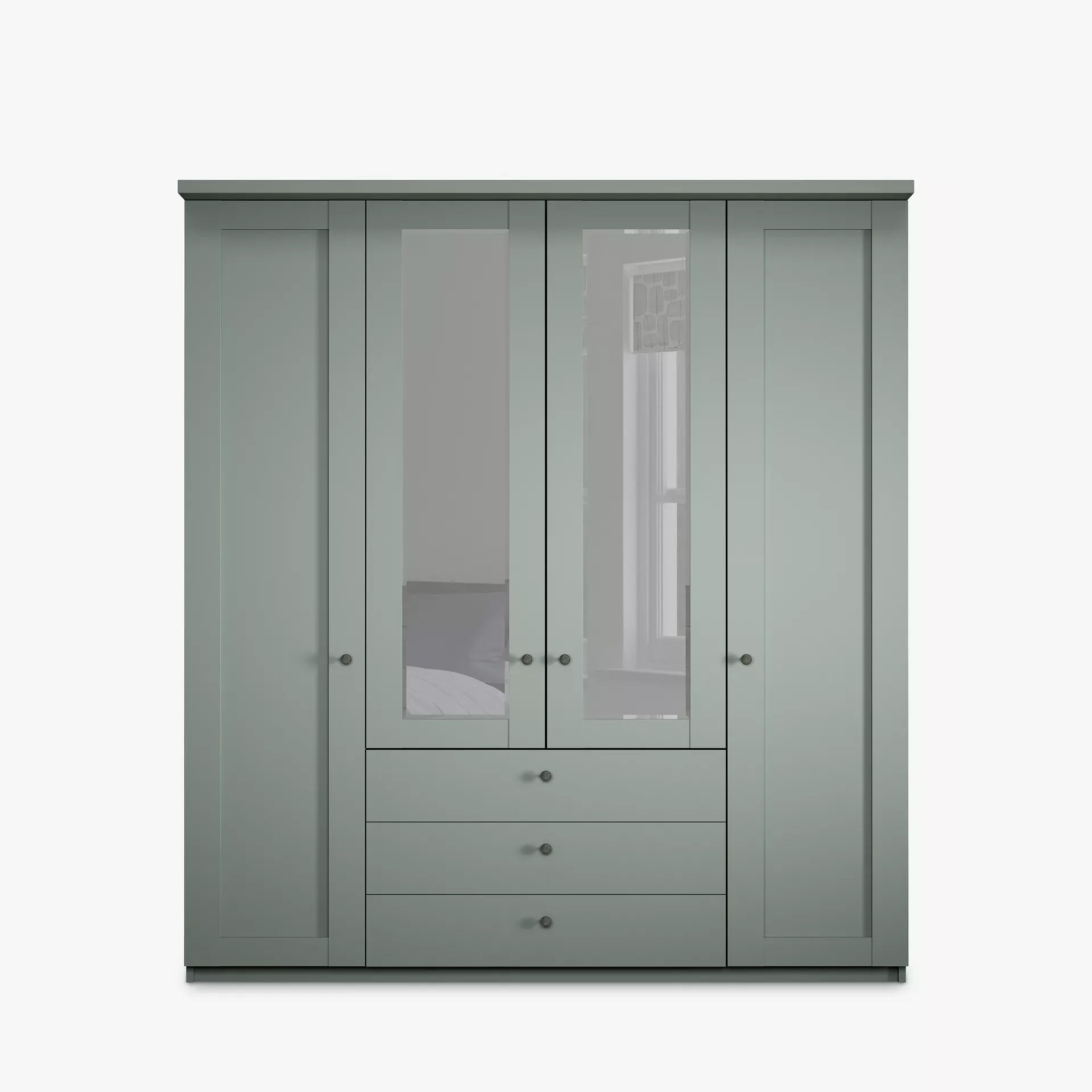 Wiemann Marlo Sage Green 4 Door Wardrobe with 3 Drawers, Mirror and cornice - Front View