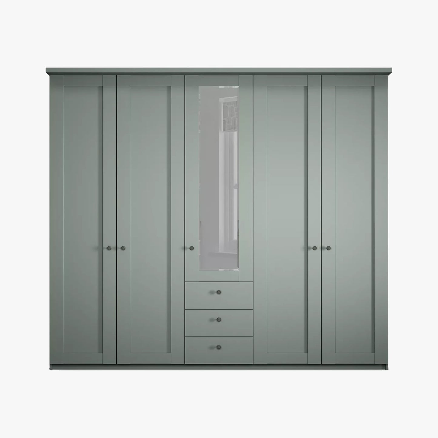 Wiemann Marlo Sage Green 5 Door Wardrobe with 3 Drawers, Mirror and cornice width 250cm