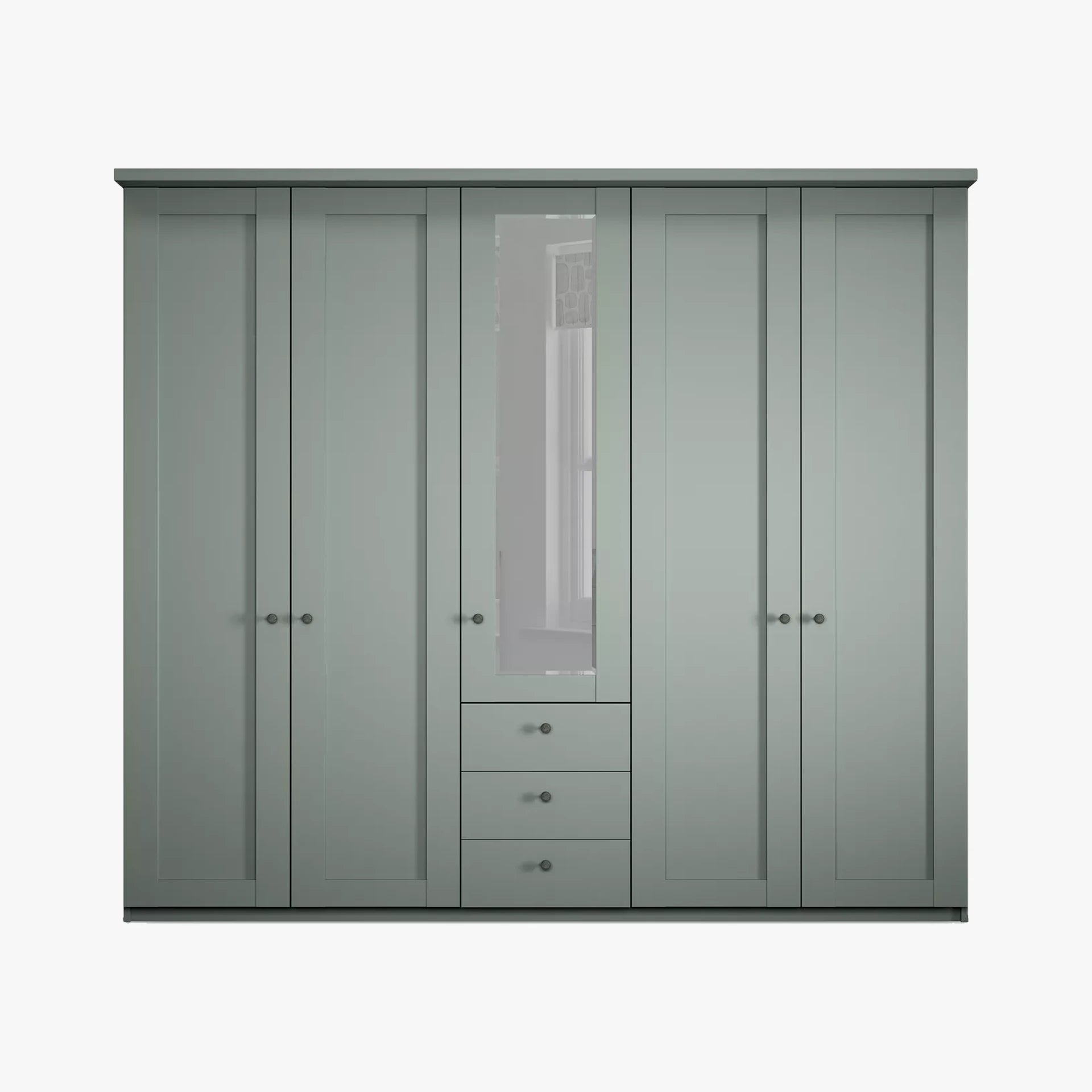 Wiemann Marlo Sage Green 5 Door Wardrobe with 3 Drawers, Mirror and cornice width 250cm
