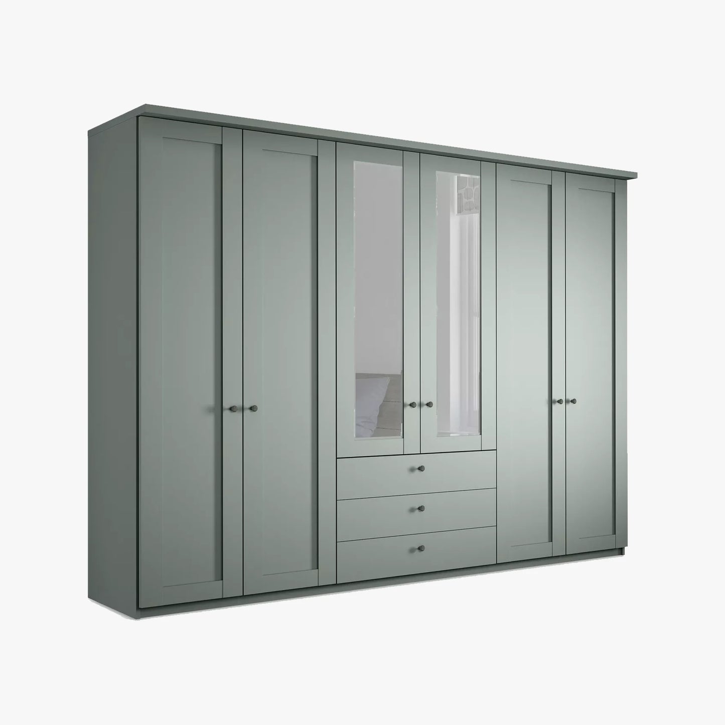 Wiemann Marlo 6 Door Wardrobe 300cm with 3 Drawers and Mirror in Sage Green
