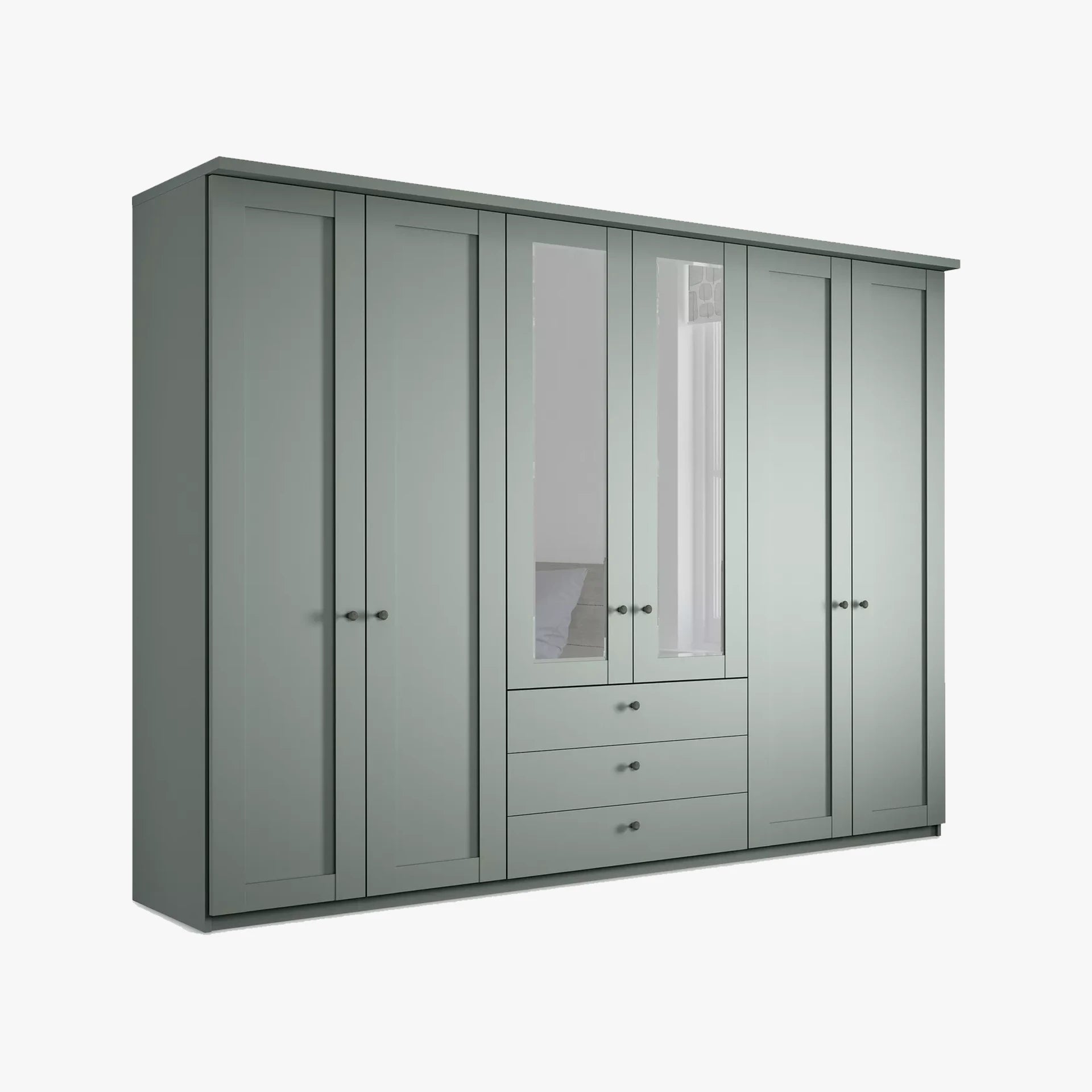 Wiemann Marlo 6 Door Wardrobe 300cm with 3 Drawers and Mirror in Sage Green