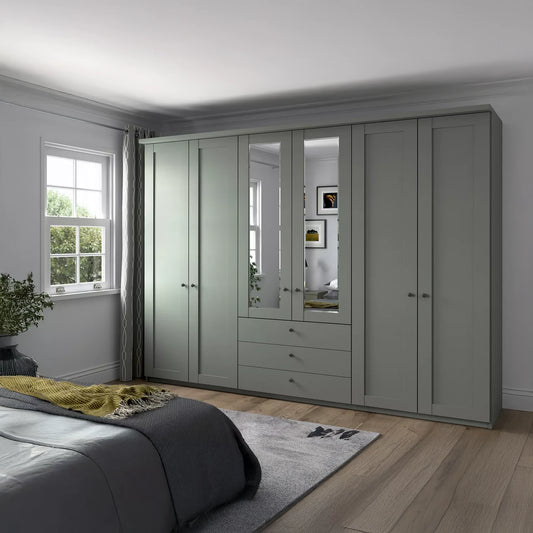 Wiemann Sage Green Marlo 6 Door Wardrobe 300cm with 3 Drawers and Mirror