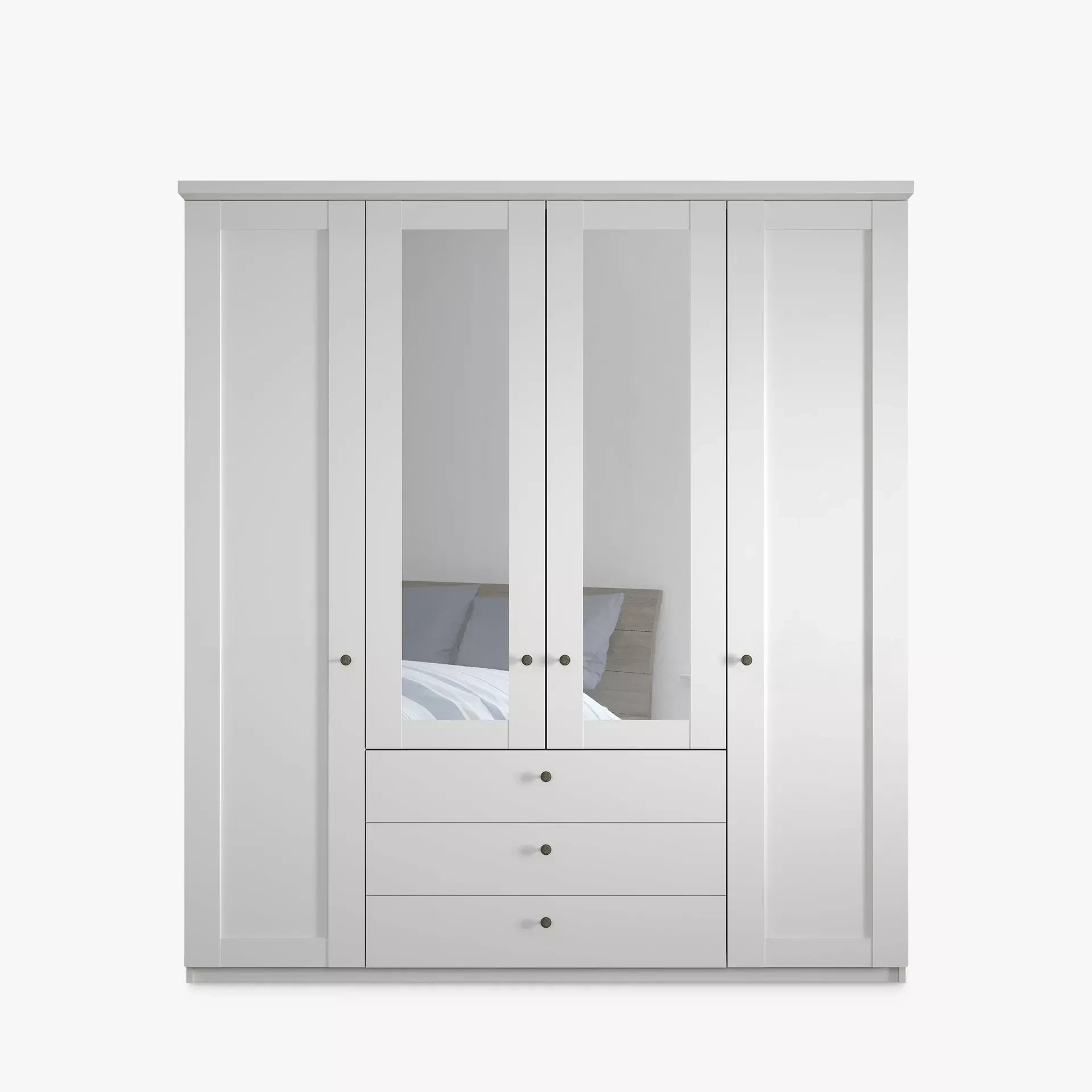 Wiemann Marlo  White 4 Door Wardrobe with 3 Drawers, Mirror and cornice - Front View