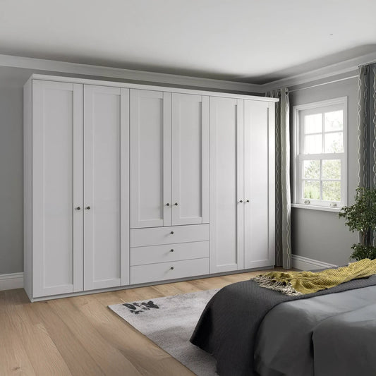 Wiemann White Marlo 6 Door Wardrobe 300cm with 3 Drawers and cornice