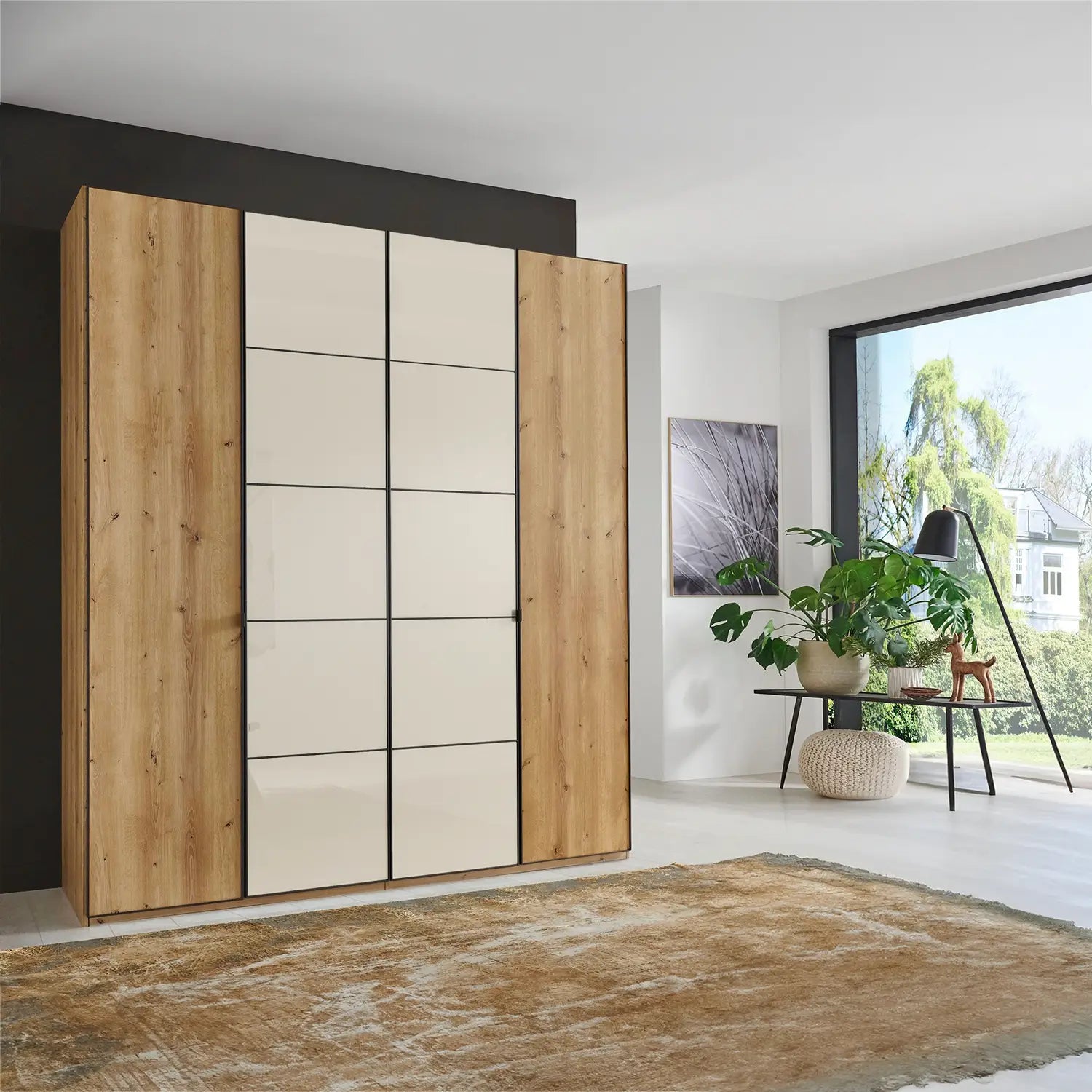 Zenith 200cm 4 Door Hinged Wardrobe Bianco Oak with Champagne Glass 