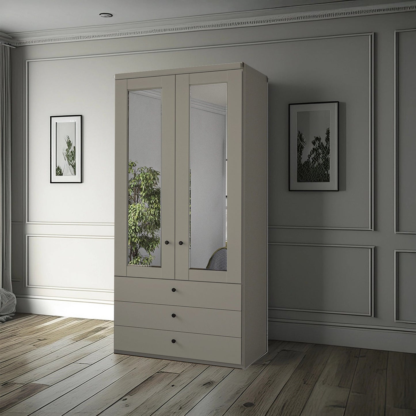 Wiemann Adeline 2 Door 3 Drawer Wardrobe - W100cm in Pebble Grey With Mirror - Styled in Bedroom