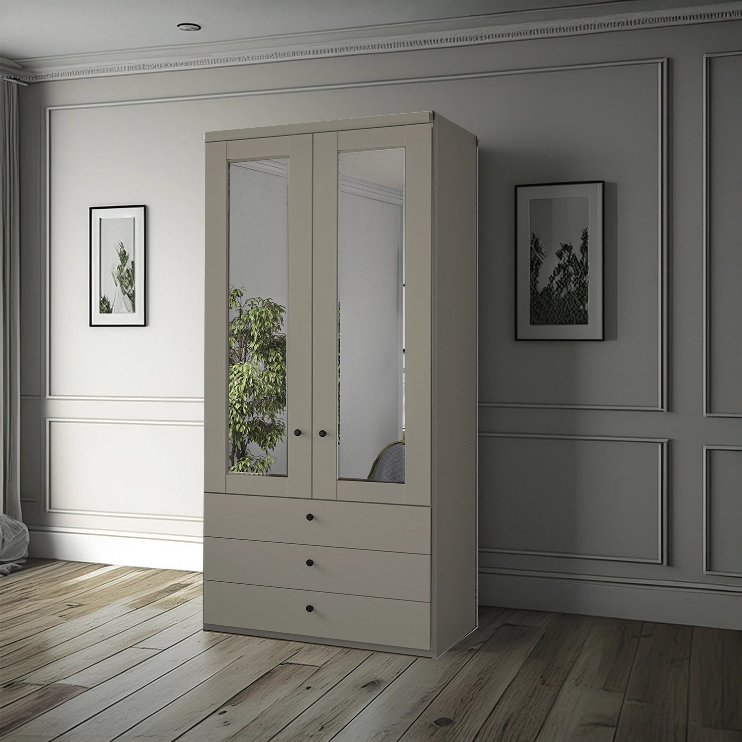 Wiemann Adeline 2 Door 3 Drawer Wardrobe - W100cm in Pebble Grey With Mirror - Styled in Bedroom