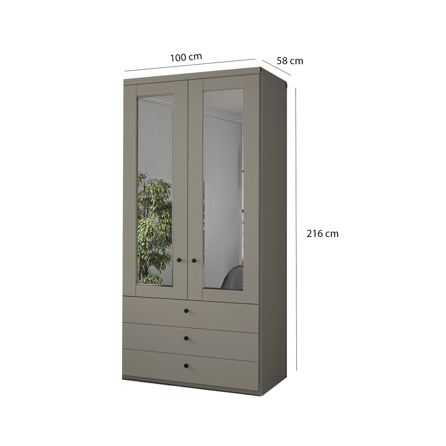 Wiemann Adeline 2 Door 3 Drawer Wardrobe - W100cm in Pebble Grey With Mirror - Dimensions
