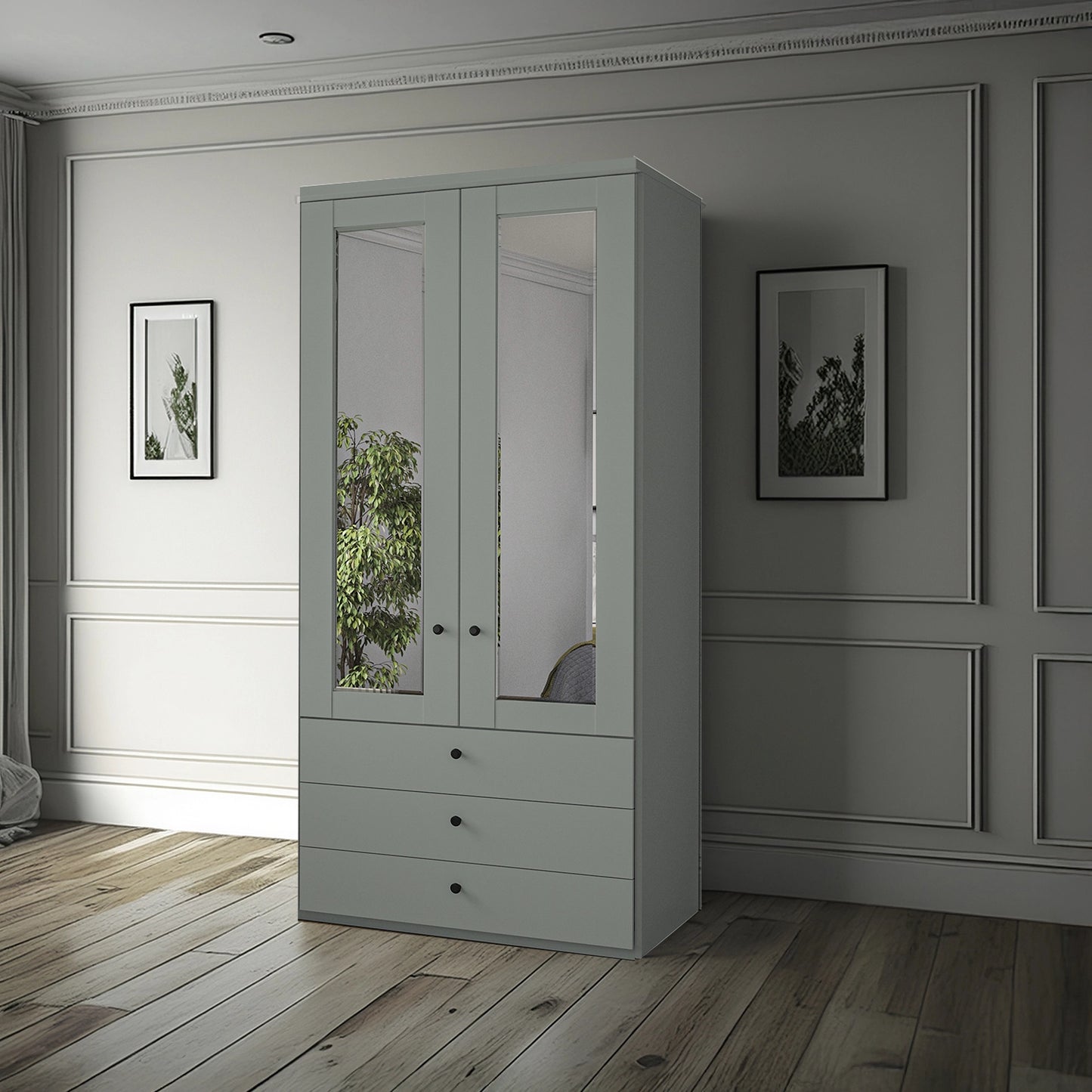 Wiemann Adeline 2 Door 3 Drawer Wardrobe - W100cm in Sage Green With Mirror - Styled in Bedroom