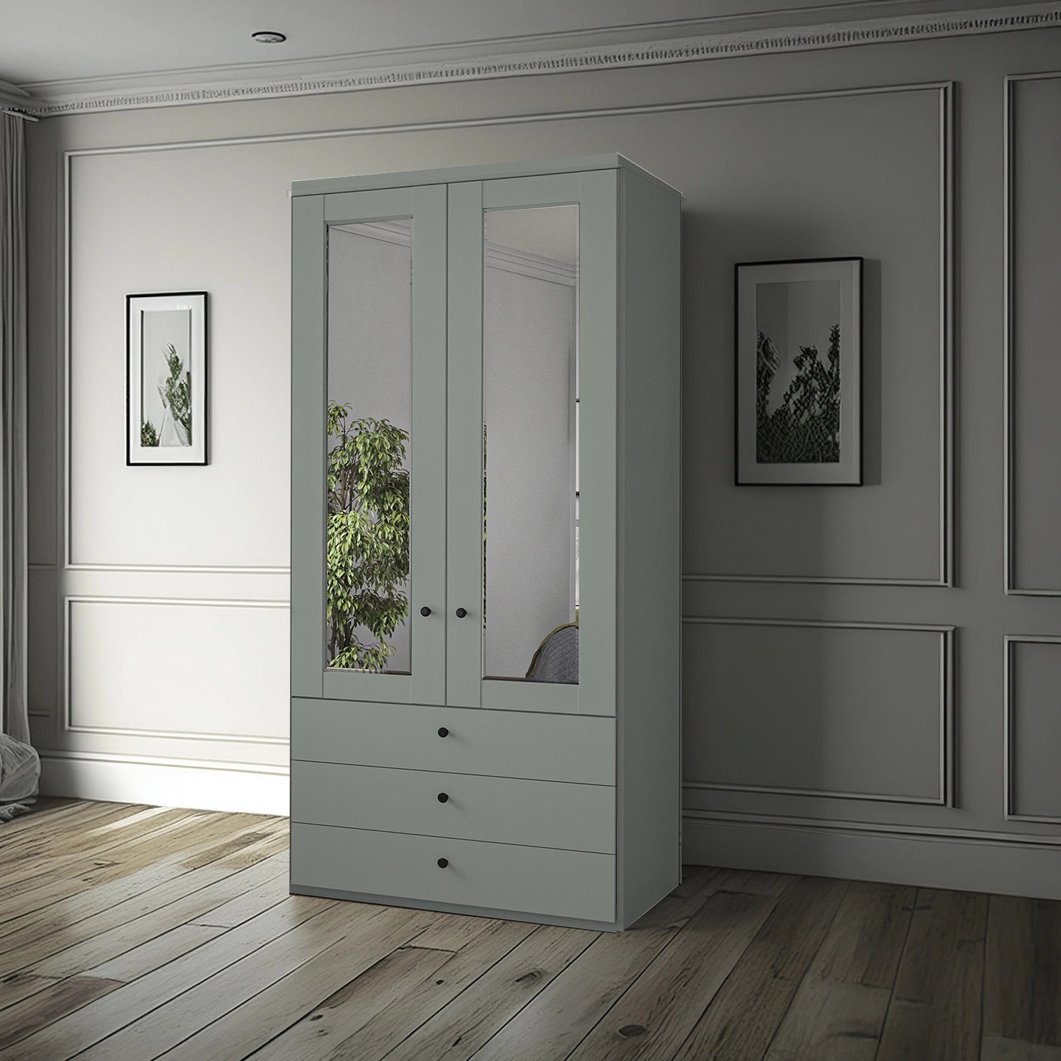 Wiemann Adeline 2 Door 3 Drawer Wardrobe - W100cm in Sage Green With Mirror - Styled in Bedroom