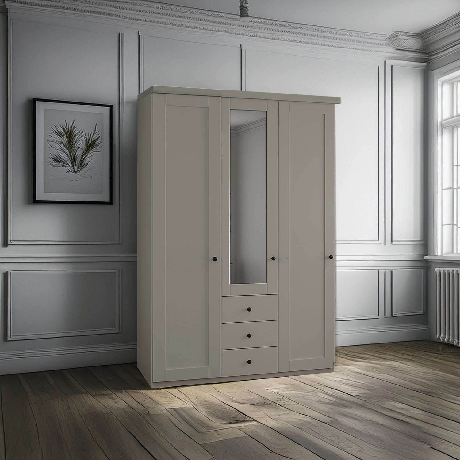 Wiemann Adeline 3 Door 3 Drawer Wardrobe - W150cm With Mirror in Pebble Grey - Styled in Bedroom