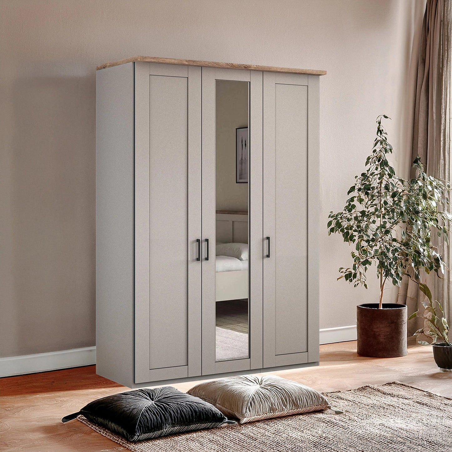 Wiemann Adeline 3 Door Hinged Wardrobe - W150cm in Pebble Grey With Mirror - Styled in Bedroom