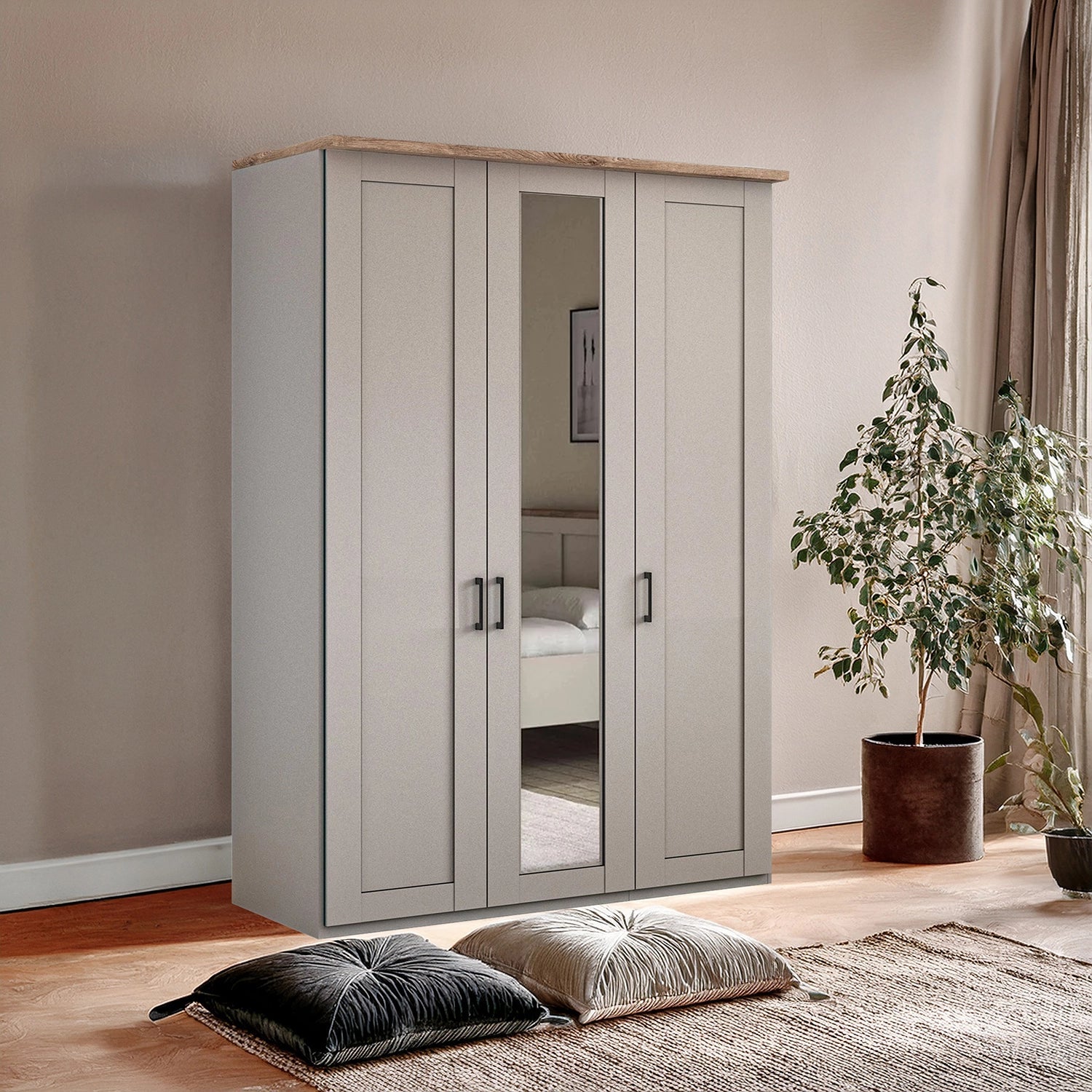 Wiemann Adeline 3 Door Hinged Wardrobe - W150cm in Pebble Grey With Mirror - Styled in Bedroom