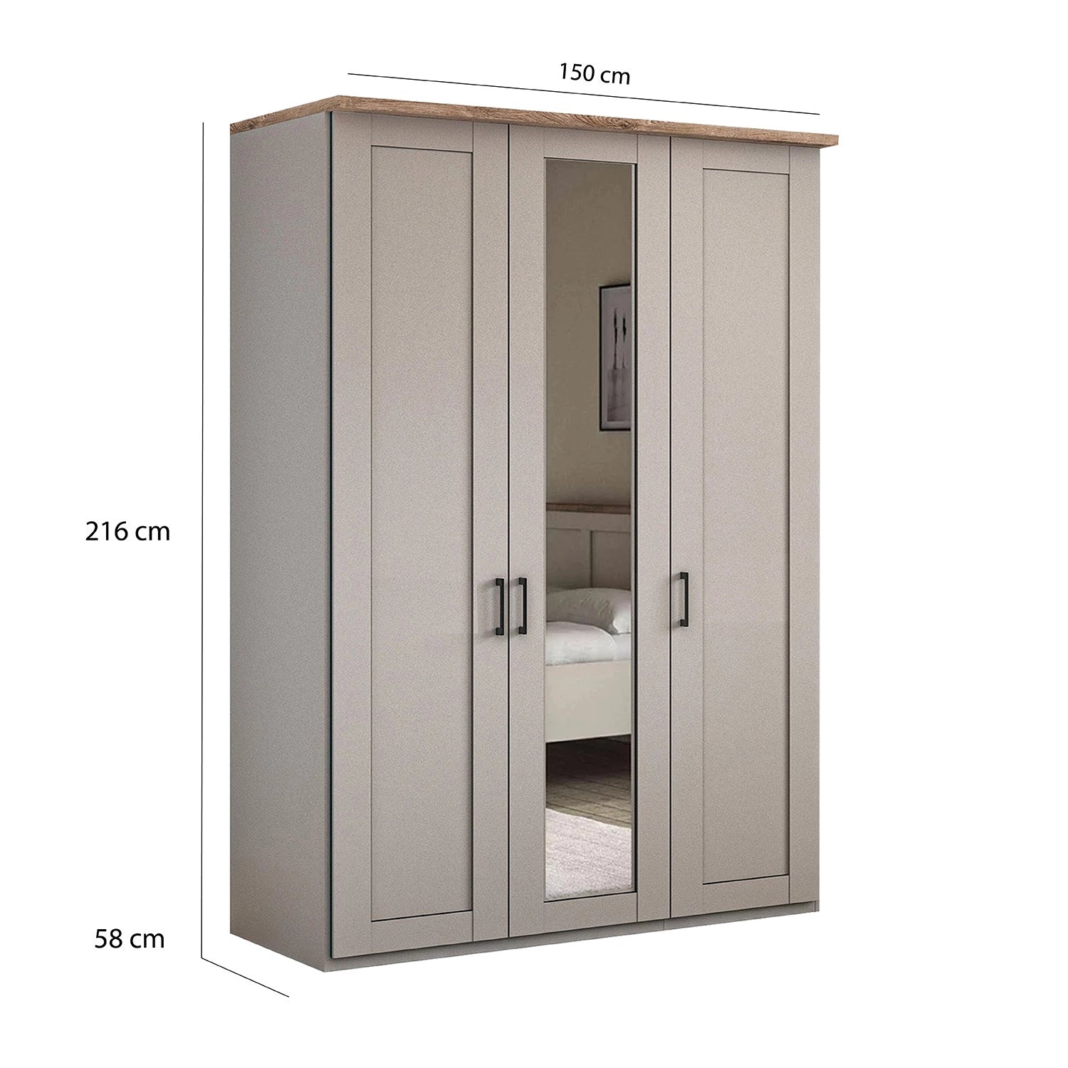 Wiemann Adeline 3 Door Hinged Wardrobe - W150cm in Pebble Grey With Mirror - Styled in Bedroom - Dimensions