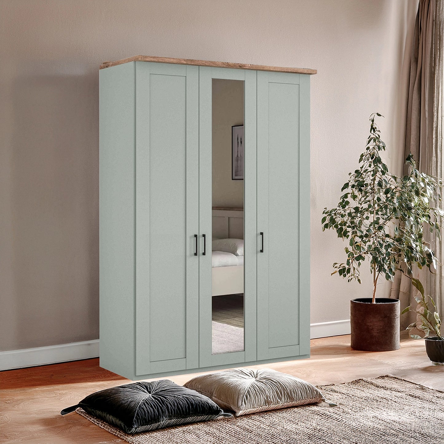 Wiemann Adeline 3 Door Hinged Wardrobe - W150cm in Sage Green With Mirror - Styled in Bedroom