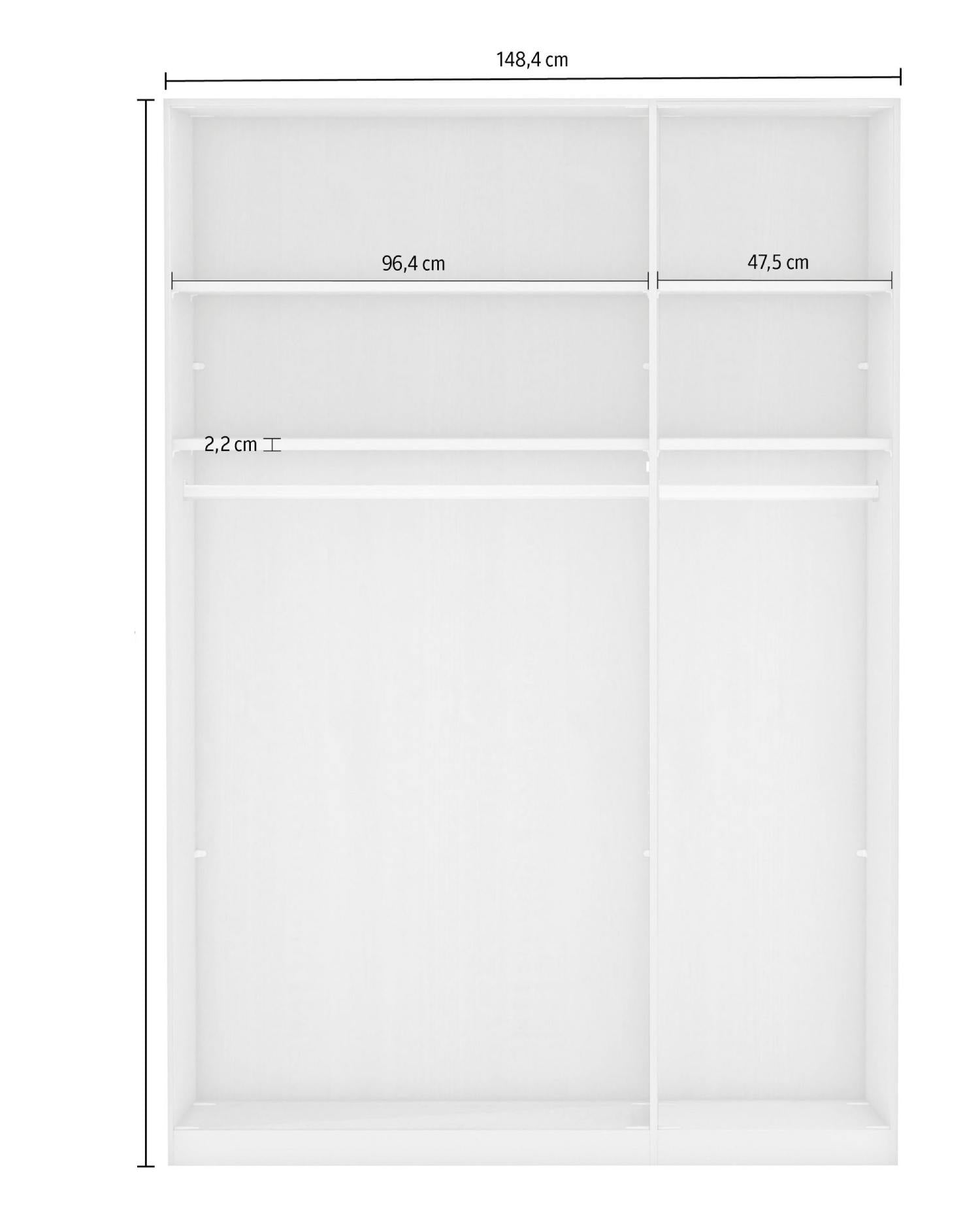 Measurement chart of a white cabinet with dimensions labeled in centimeters.