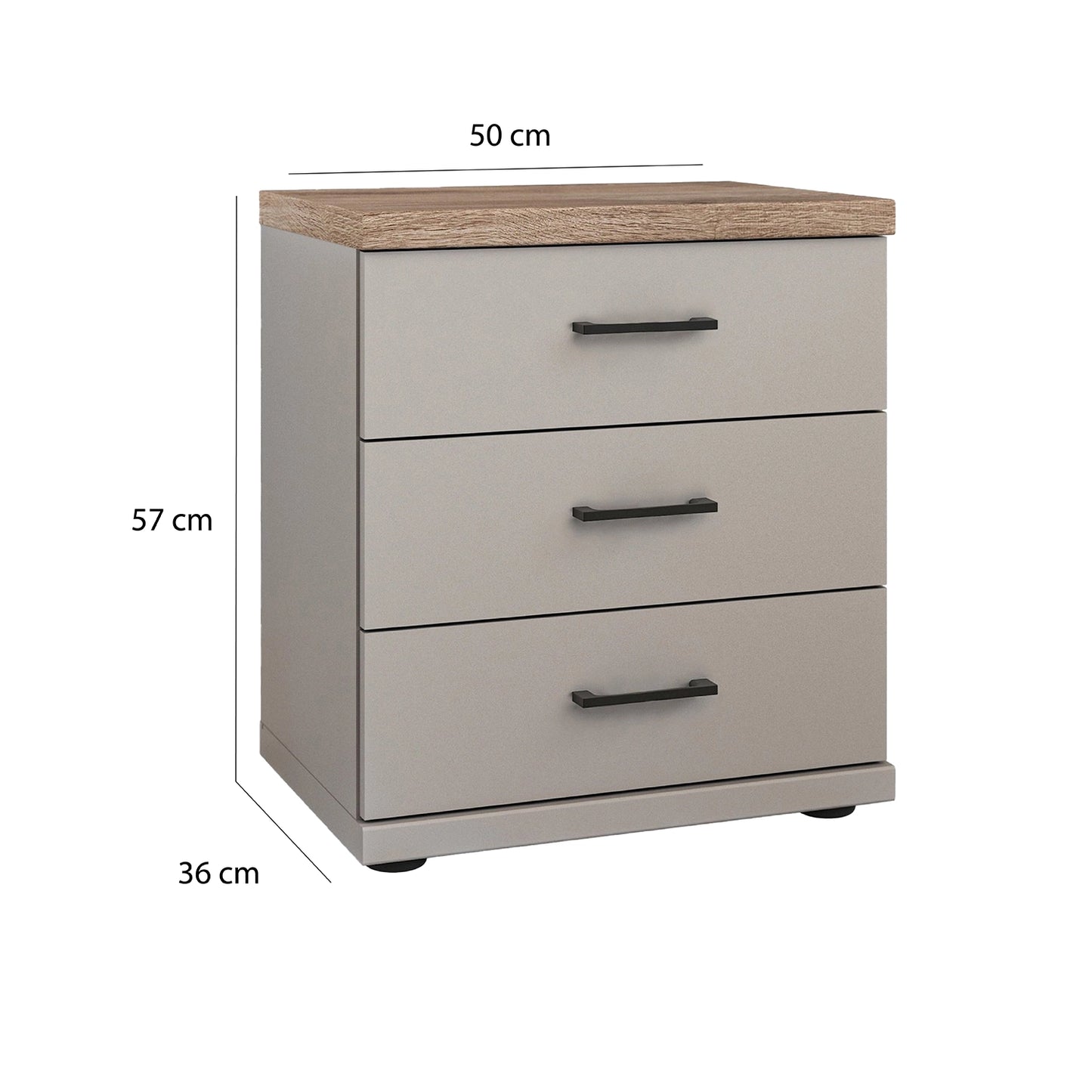 Wiemann Adeline 3 Drawer Bedside Cabinet in Pebble Grey - Dimensions