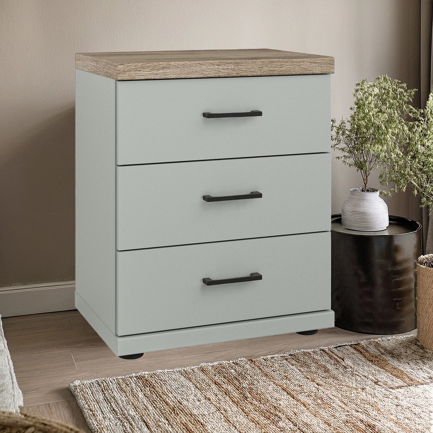 Wiemann Adeline 3 Drawer Bedside Cabinet in Sage Green - Styled in Bedroom