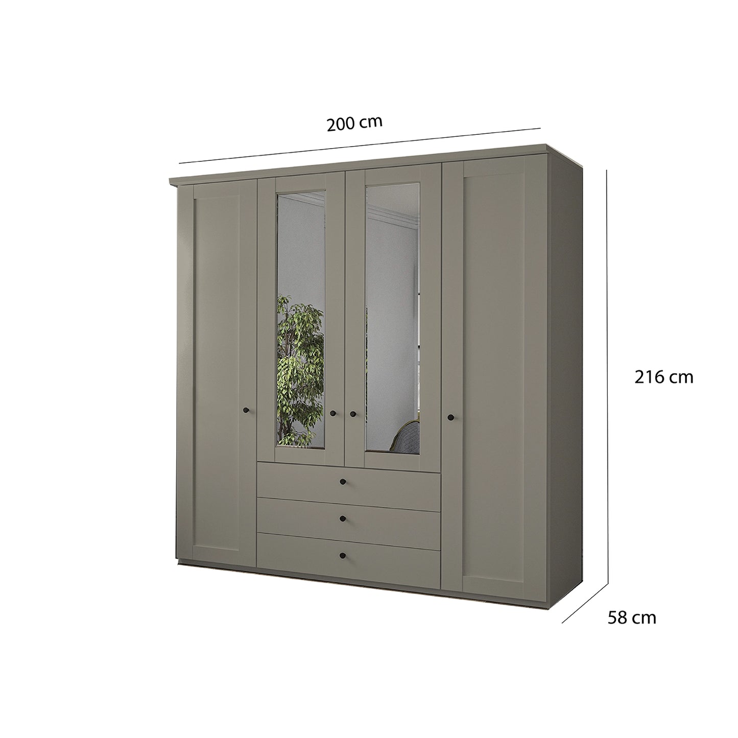 Wiemann Adeline 4 Door 3 Drawer Wardrobe in Pebble Grey - W200cm With Mirror - Dimensions