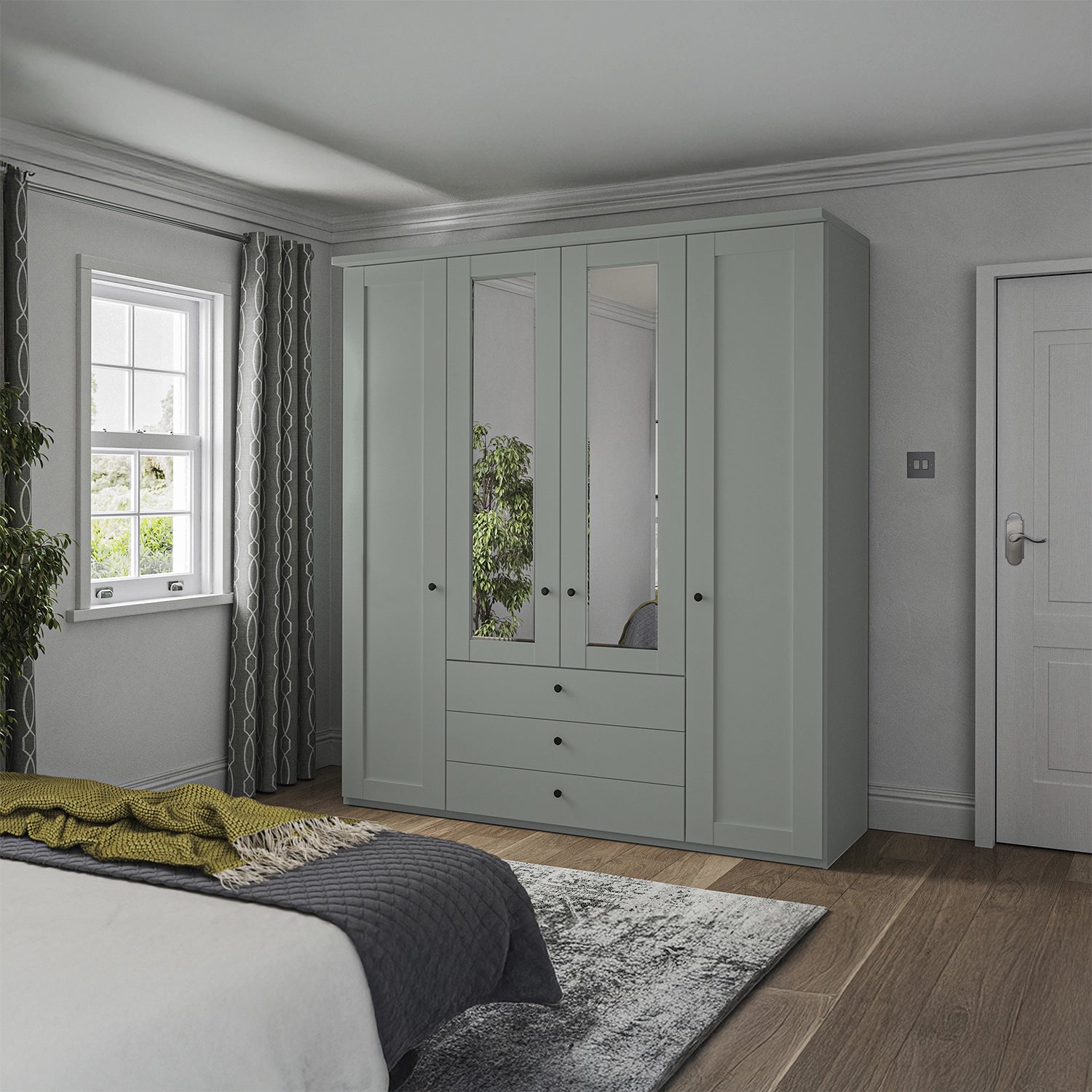 Wiemann Adeline 4 Door 3 Drawer Wardrobe in Sage Green - W200cm With Mirror - Styled in Bedroom