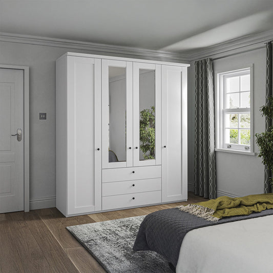 Wiemann Marlou style 4 Door 3 Drawer Wardrobe in White - W200cm With Mirror 